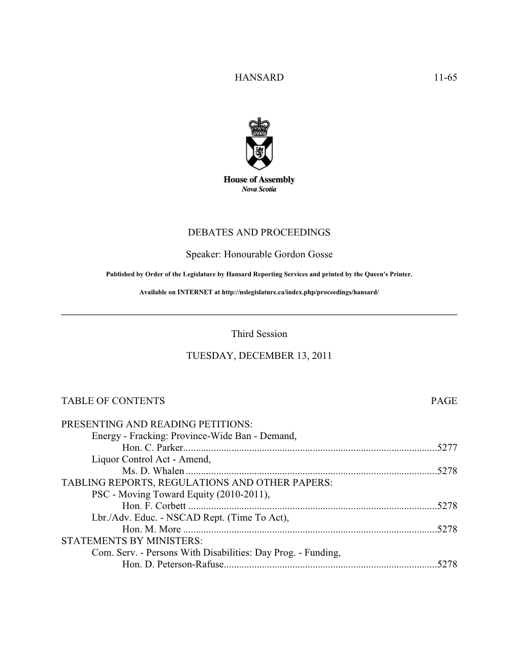 HANSARD 11-65 DEBATES and PROCEEDINGS Speaker