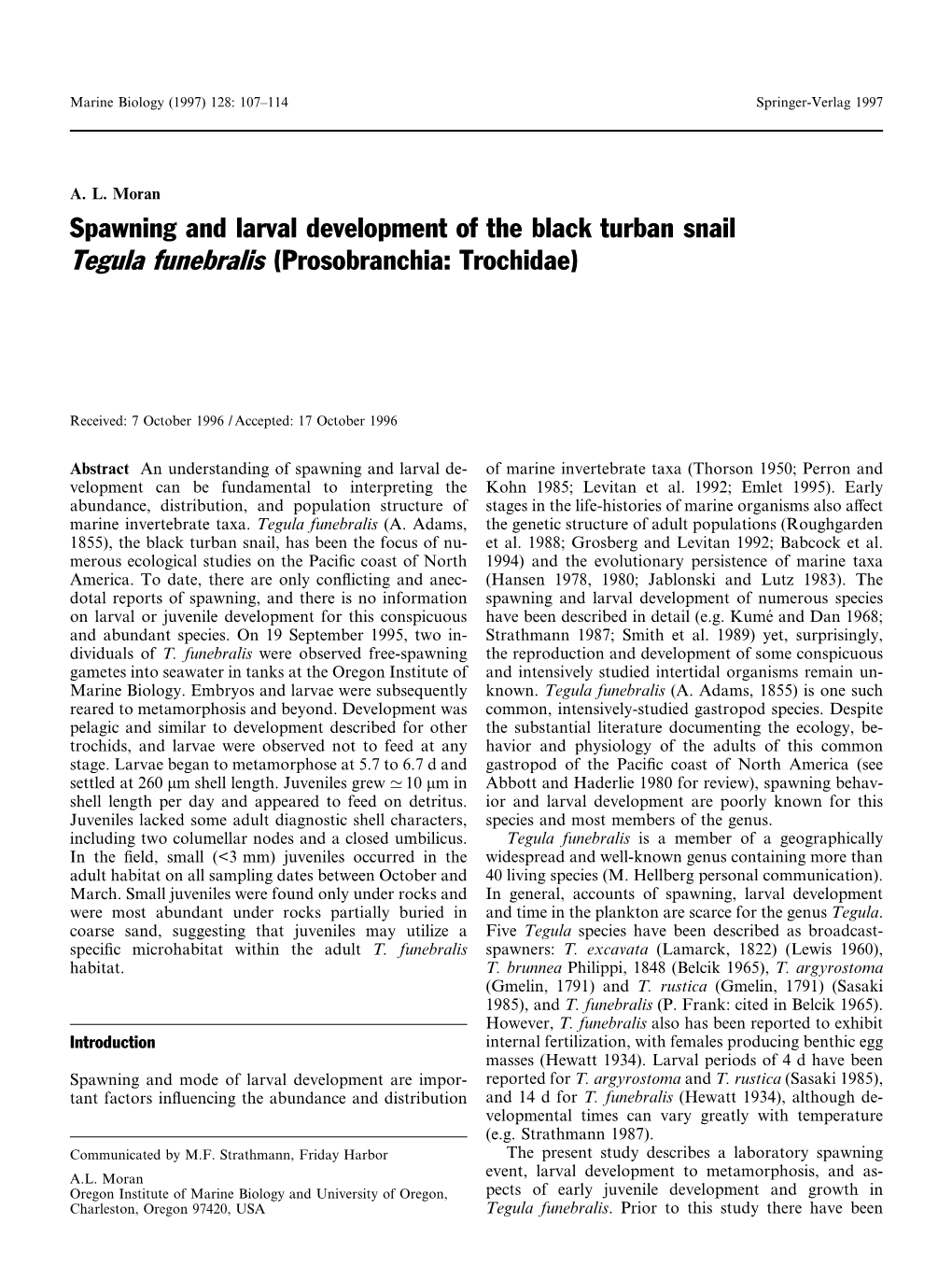 Spawning and Larval Development of the Black Turban Snail Tegula Funebralis (Prosobranchia: Trochidae)