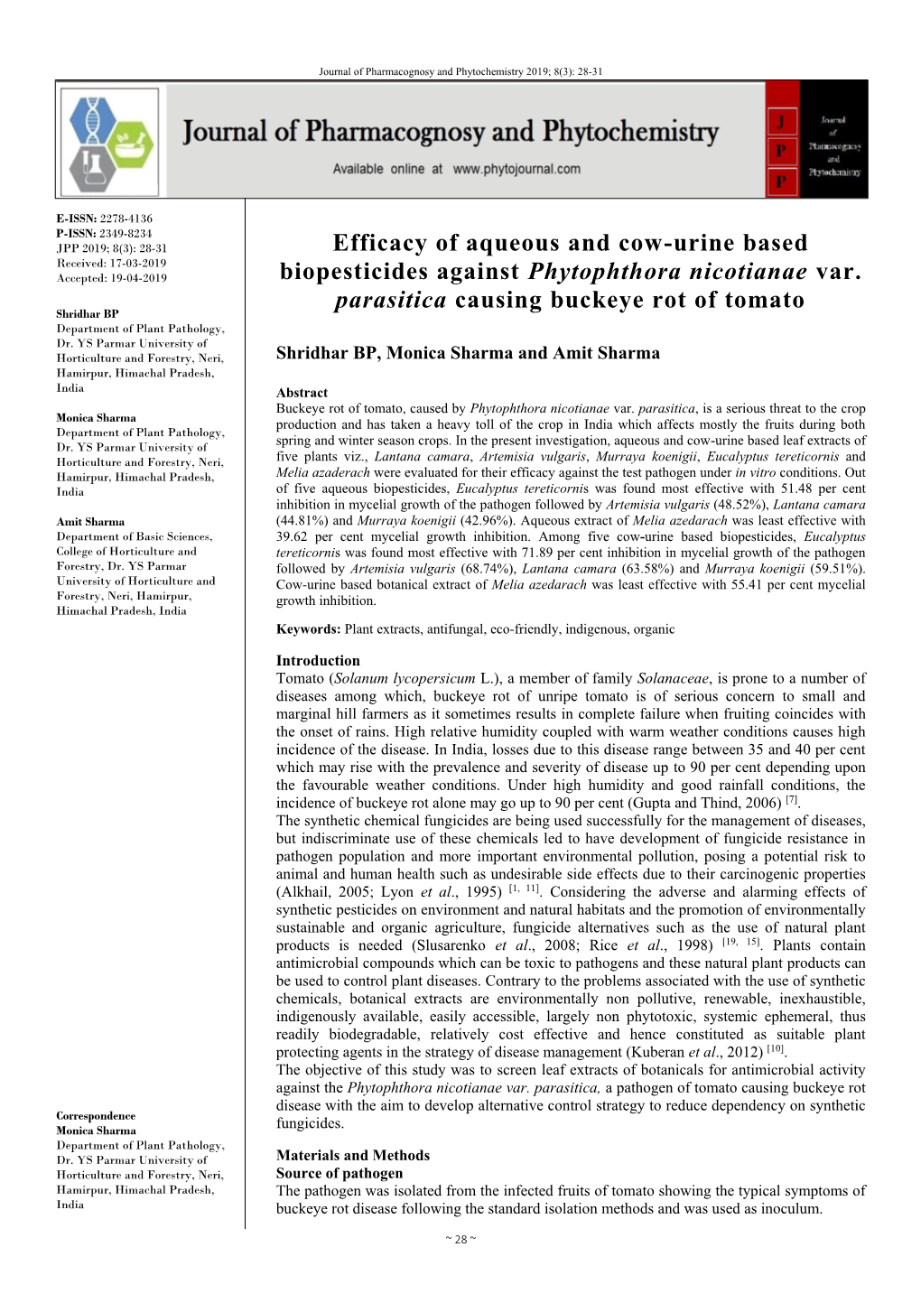 Efficacy of Aqueous and Cow-Urine Based Biopesticides Against