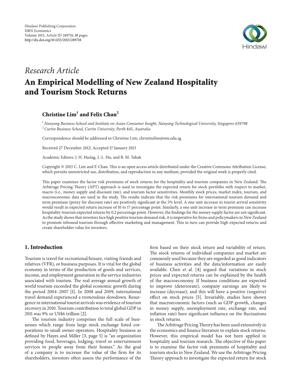 An Empirical Modelling of New Zealand Hospitality and Tourism Stock Returns