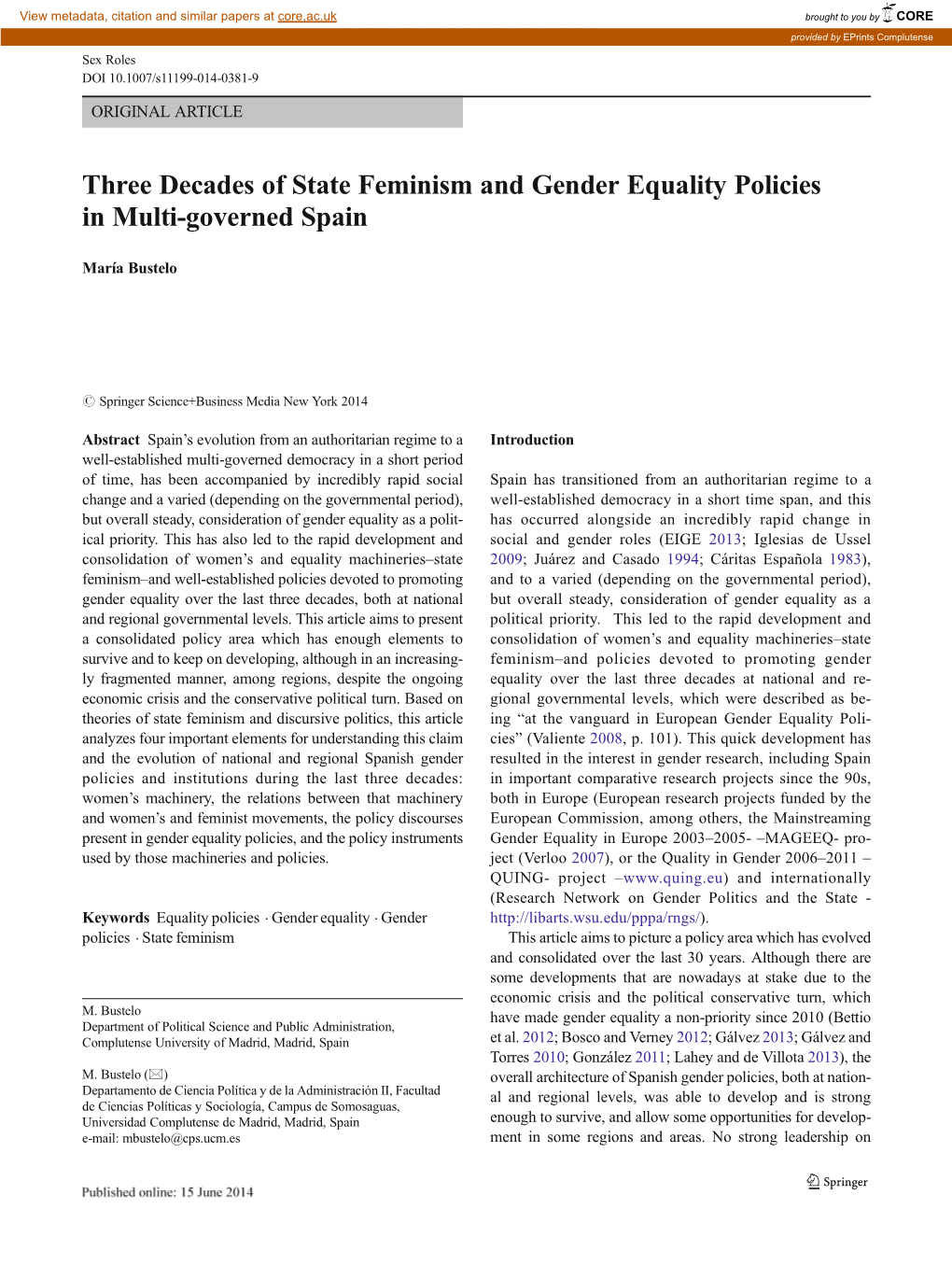 Three Decades of State Feminism and Gender Equality Policies in Multi-Governed Spain