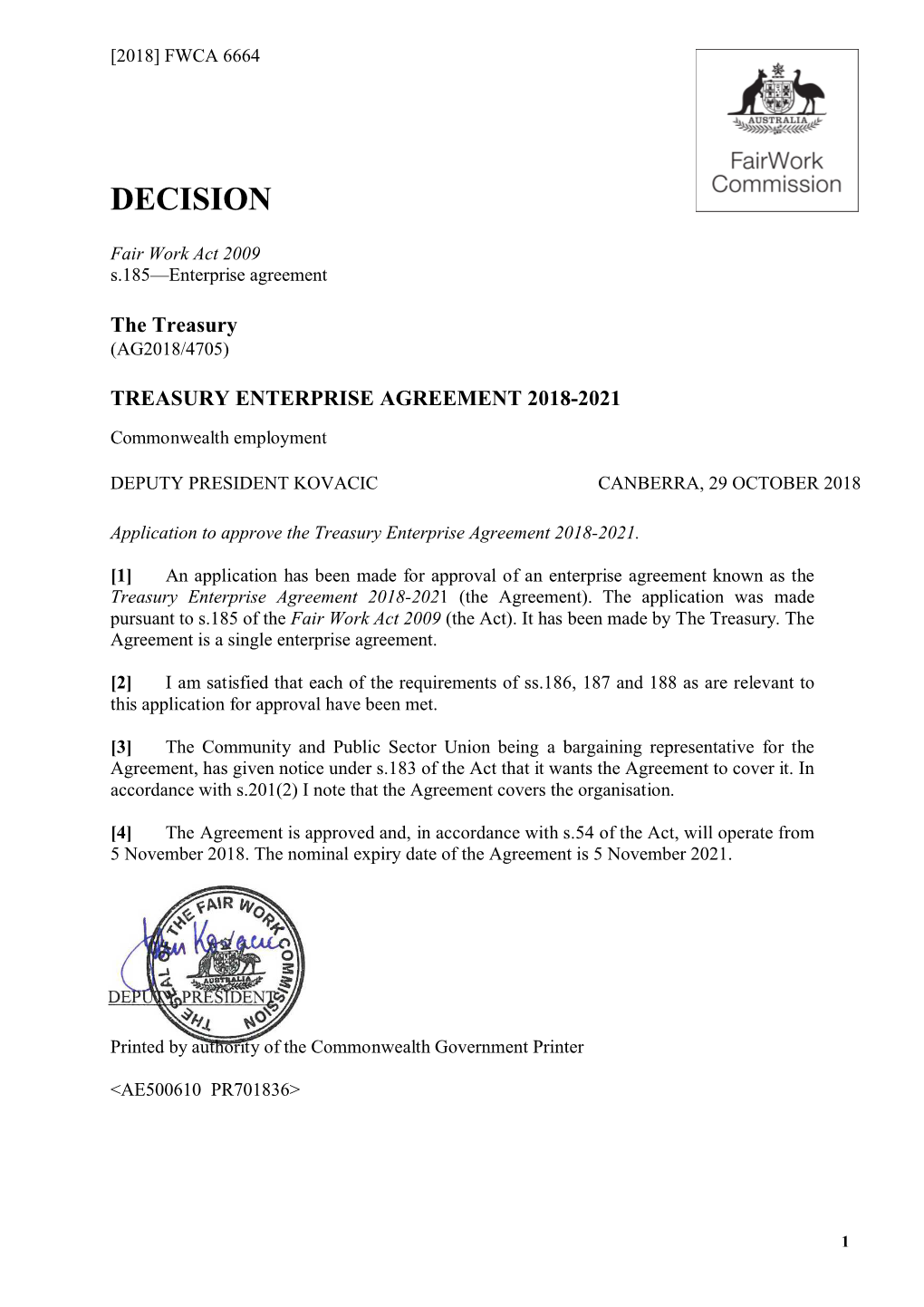 Treasury Enterprise Agreement 2018-2021