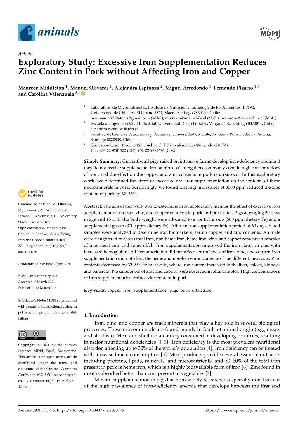 Exploratory Study: Excessive Iron Supplementation Reduces Zinc Content in Pork Without Affecting Iron and Copper