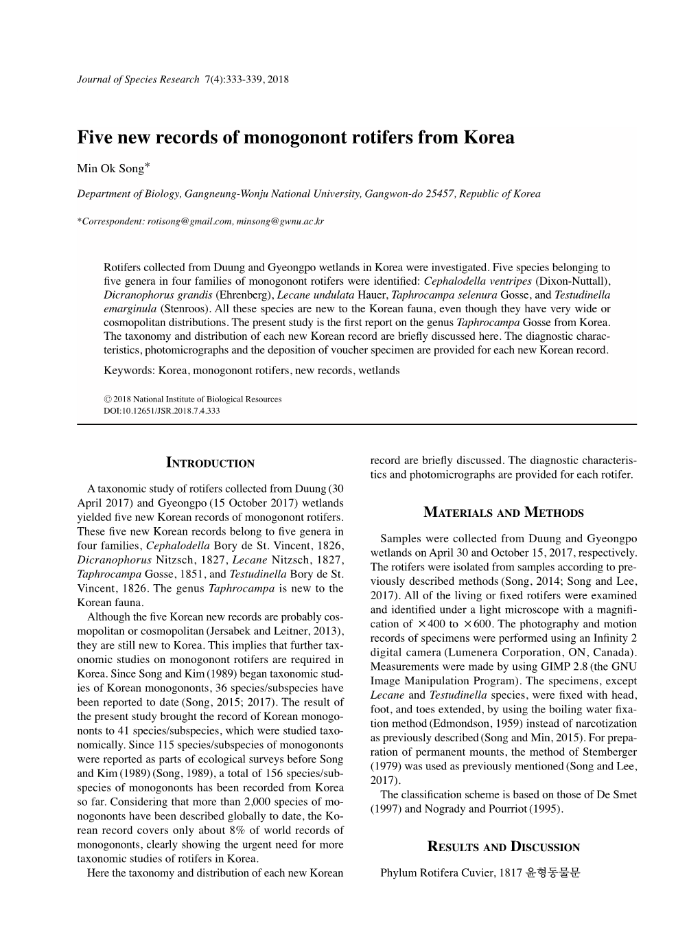 Five New Records of Monogonont Rotifers from Korea