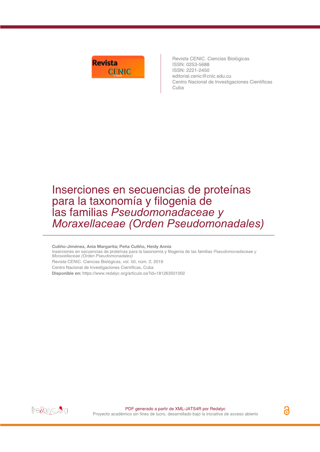 Inserciones En Secuencias De Proteínas Para La Taxonomía Y Filogenia De Las Familias Pseudomonadaceae Y Moraxellaceae (Orden Pseudomonadales)