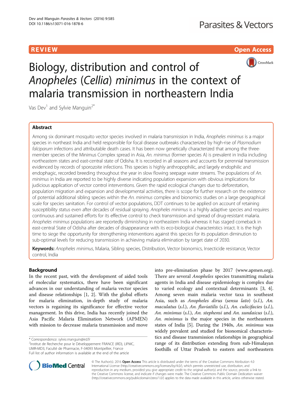 Minimus in the Context of Malaria Transmission in Northeastern India Vas Dev1 and Sylvie Manguin2*