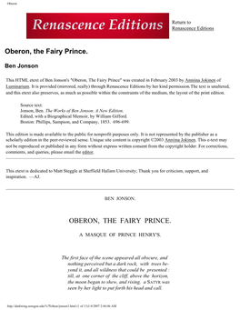 Oberon, the Fairy Prince. Ben Jonson