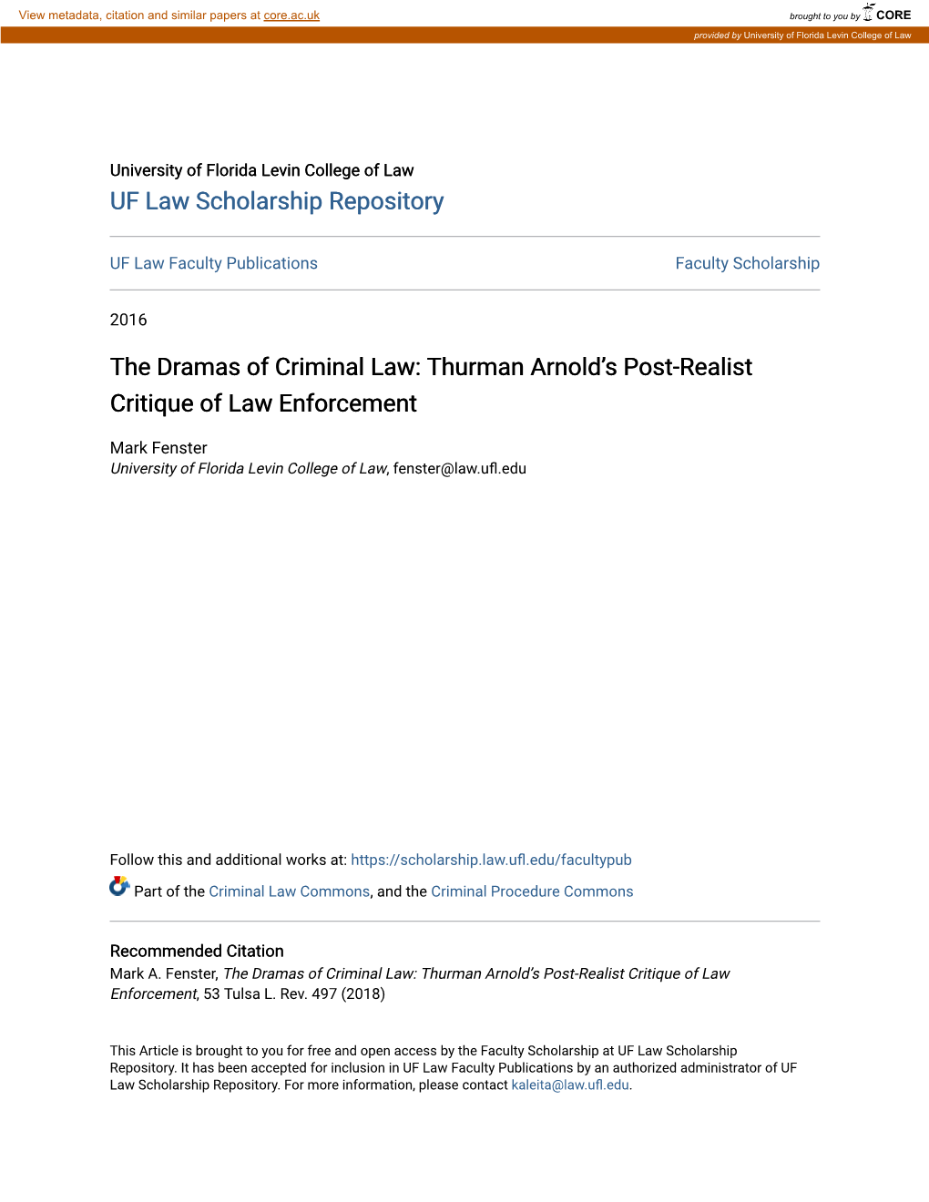 The Dramas of Criminal Law: Thurman Arnold’S Post-Realist Critique of Law Enforcement