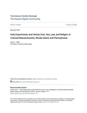 Sex, Law, and Religion in Colonial Massachusetts, Rhode Island, and Pennsylvania
