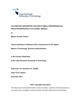 FACTORS INFLUENCINGTHE FAILURE of SMALL ENTERPRISES in a SELECTED MUNICIPALITY in LUANDA, ANGOLA By