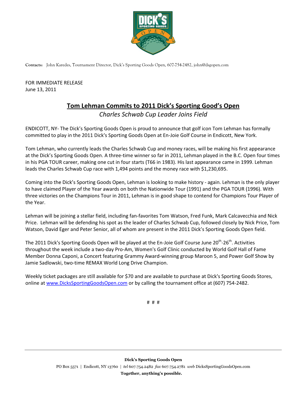 Tom Lehman Commits to 2011 Dick's Sporting Good's Open Charles