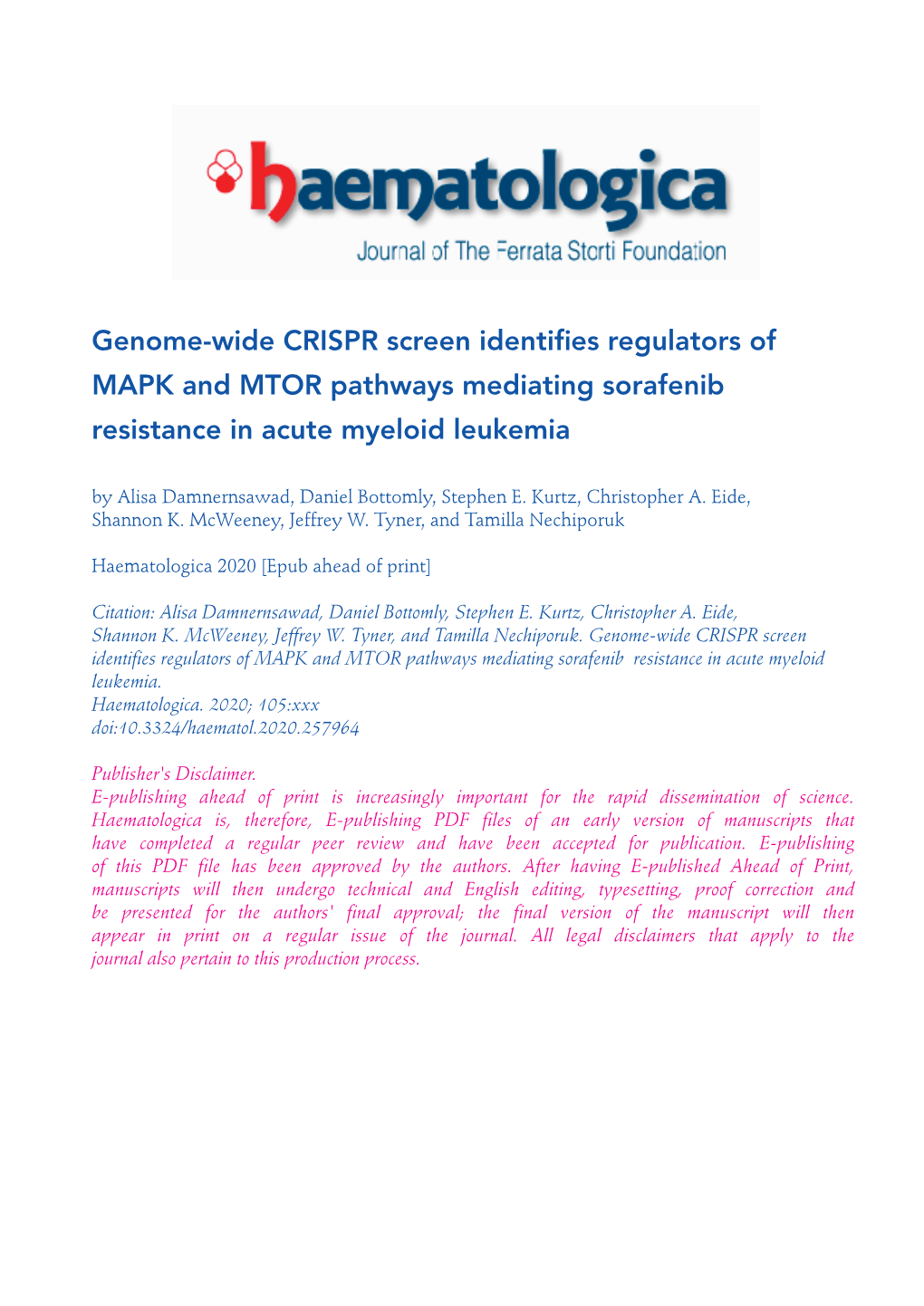 Genome-Wide CRISPR Screen Identifies Regulators of MAPK and MTOR Pathways Mediating Sorafenib Resistance in Acute Myeloid Leukemia