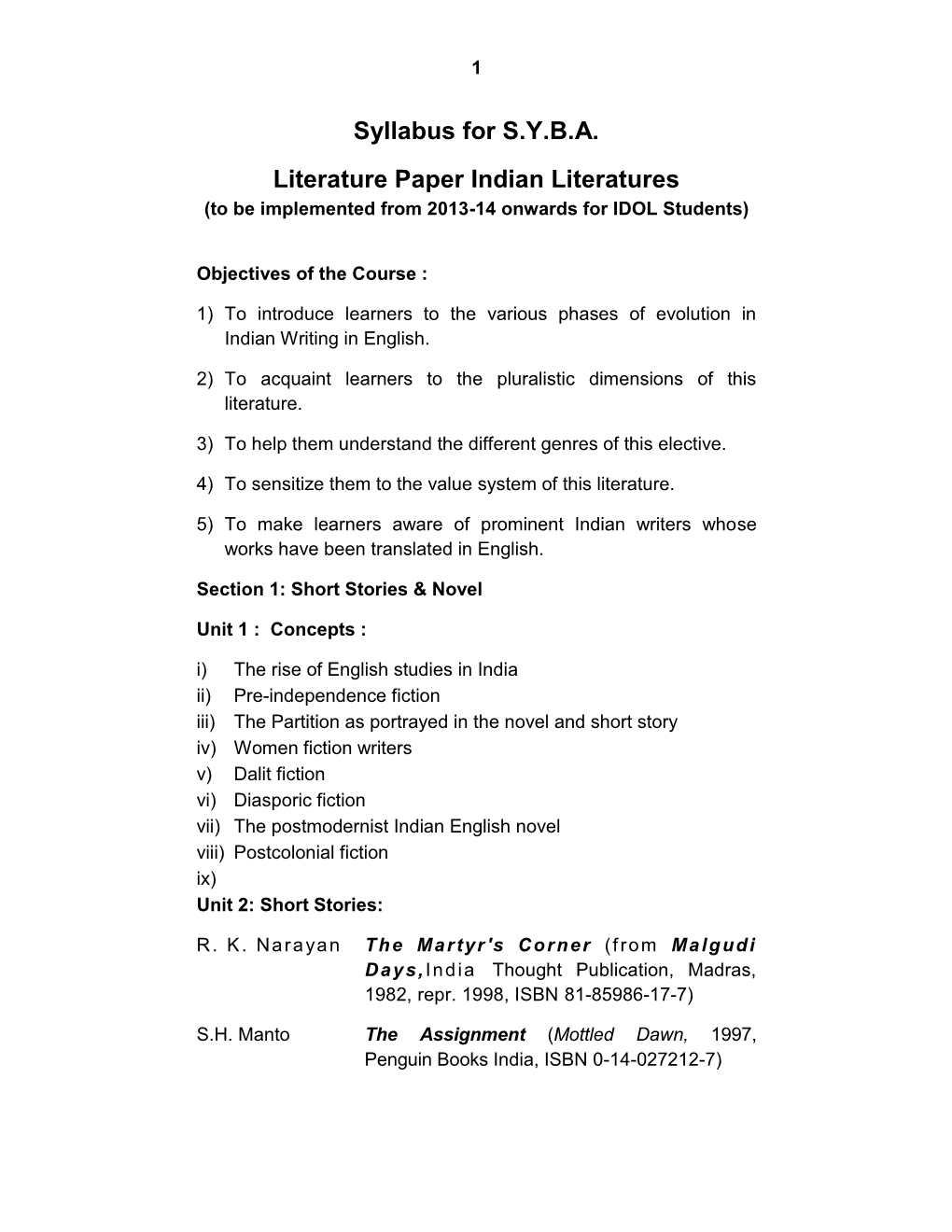 Syllabus for S.Y.B.A. Literature Paper Indian Literatures (To Be Implemented from 2013-14 Onwards for IDOL Students)