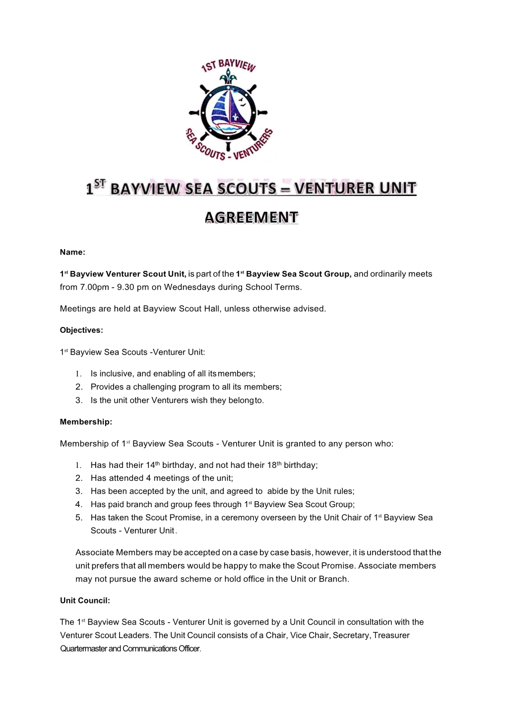 Name: 1St Bayview Venturer Scout Unit, Is Part of the 1St Bayview Sea