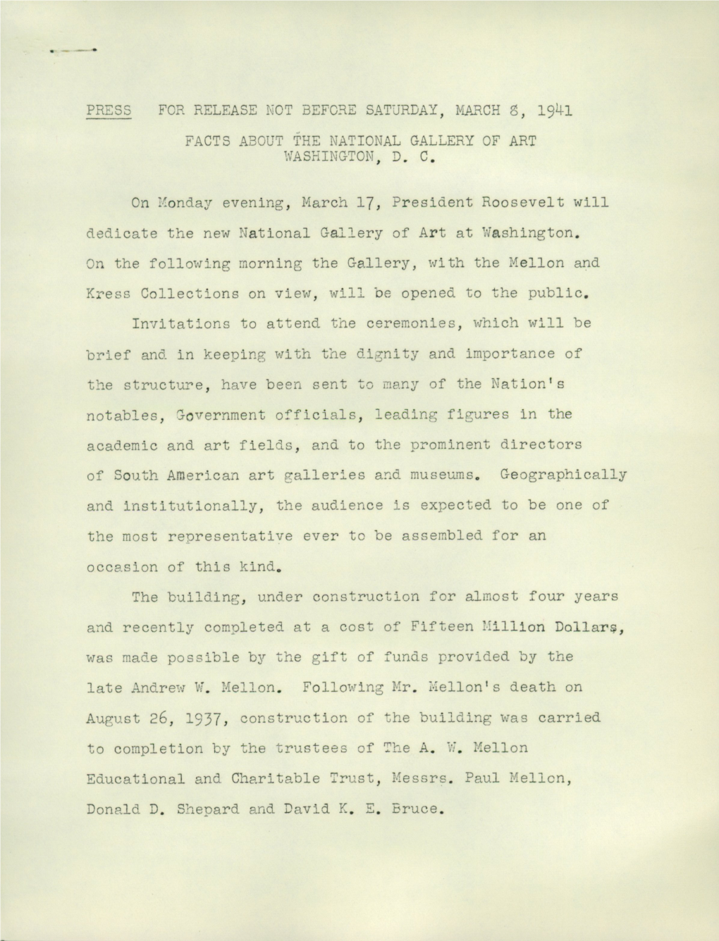 On Monday Evening, March 17, President Roosevelt Will Dedicate the New National Gallery of Art at Washington