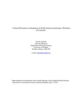 “Critical Discourses on Integration in North America and Europe: the Roots of Criticism”
