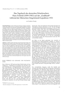 Das Tagebuch Des Deutschen Polarforschers Hans Frebold (1899-1983) Auf Der "Godthaab" Während Der Dänischen Ostgrönland-Expedition 1931