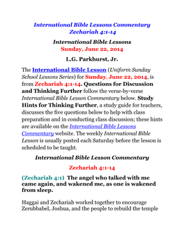 Zechariah 4:1-14 International Bible Lessons Sunday, June 22, 2014 L.G