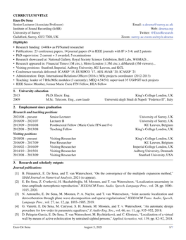 CURRICULUM VITAE Enzo De Sena Senior Lecturer (Associate Professor) Email: E.Desena@Surrey.Ac.Uk Institute of Sound Recording (I