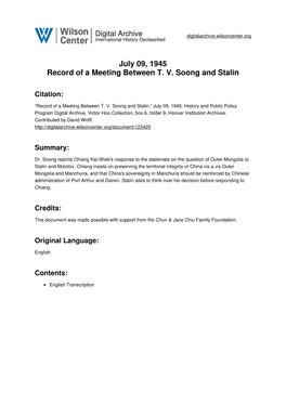 July 09, 1945 Record of a Meeting Between T. V. Soong and Stalin