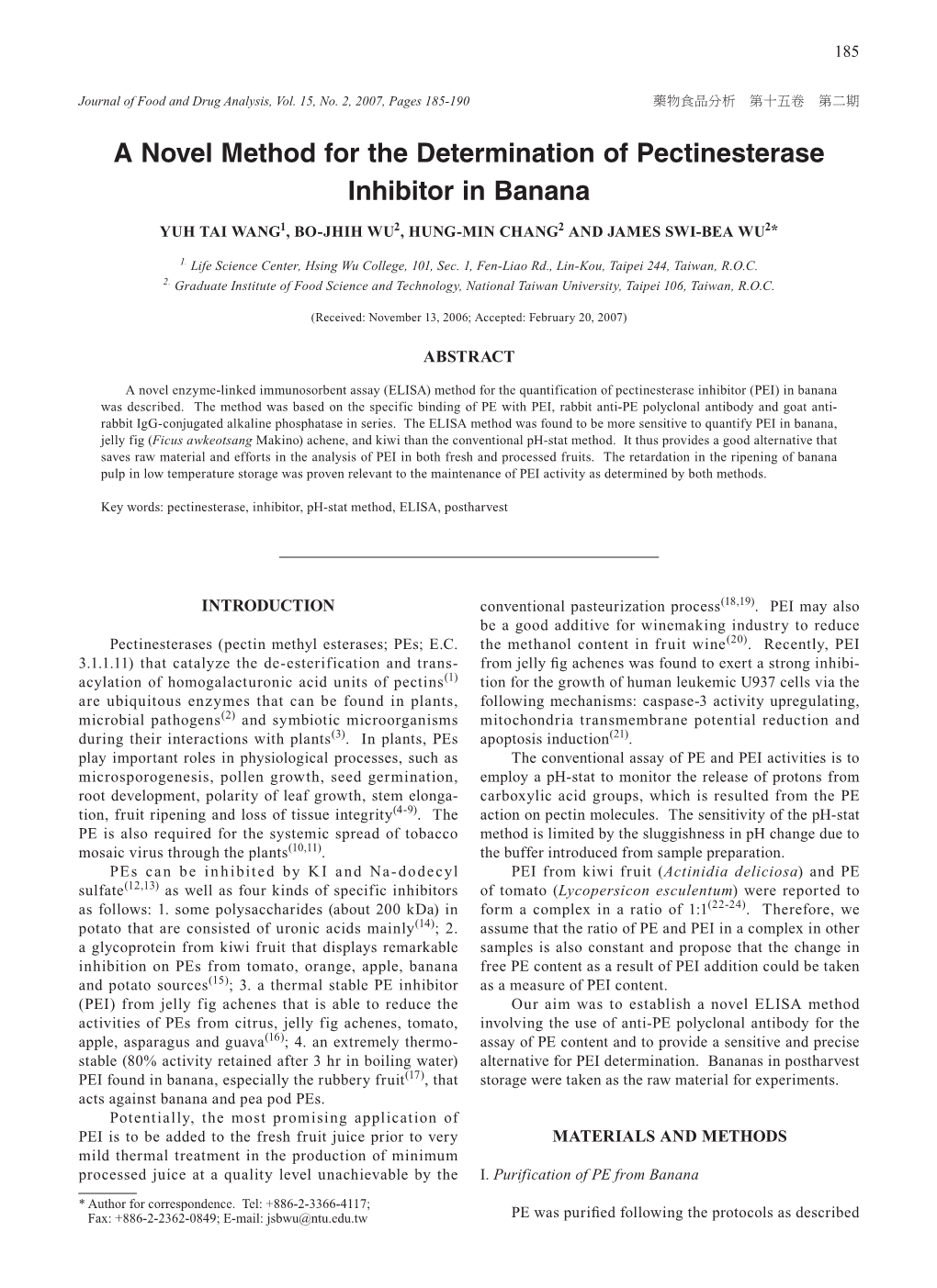 A Novel Method for the Determination of Pectinesterase Inhibitor in Banana