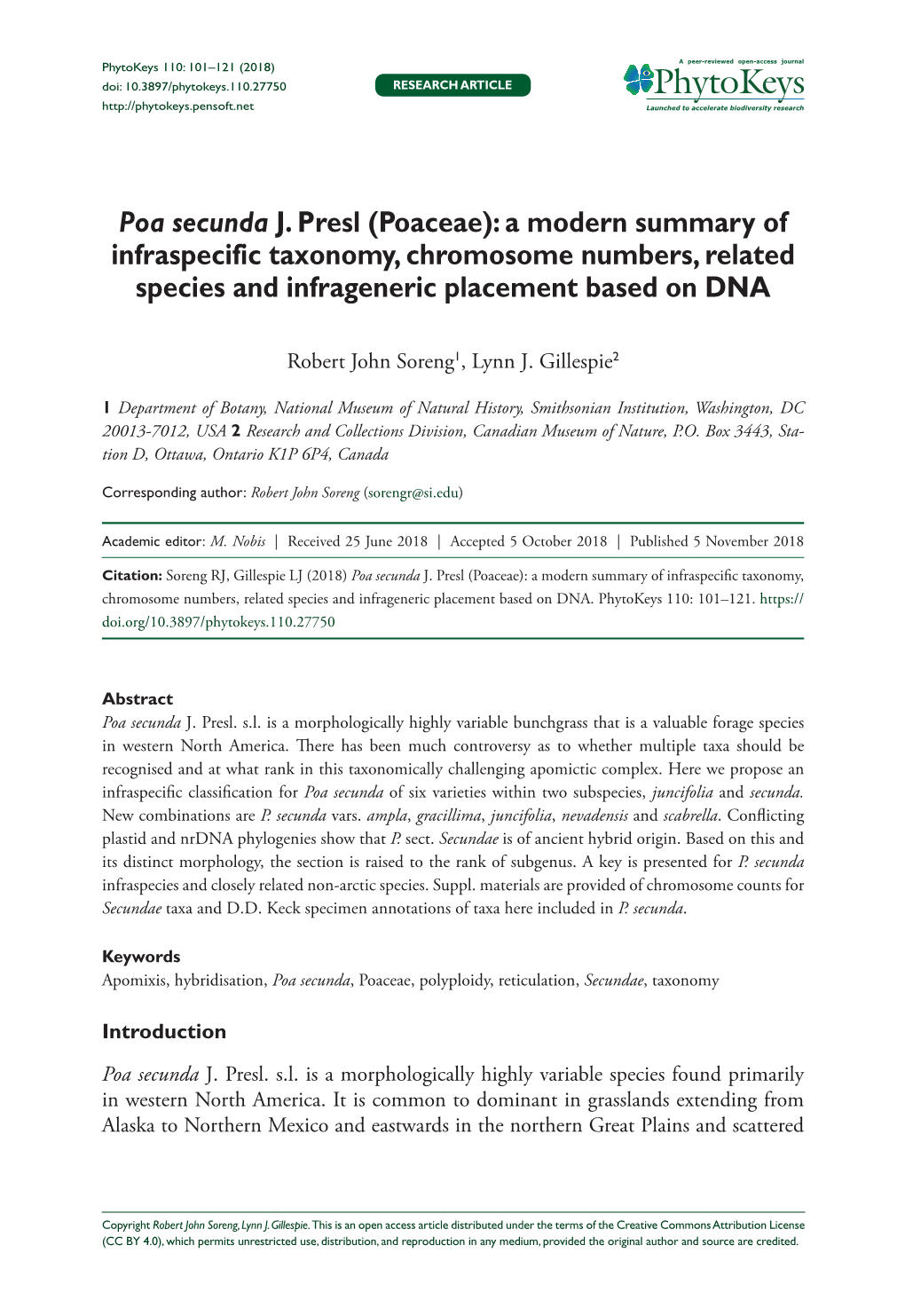 Poa Secunda J. Presl (Poaceae): a Modern Summary of Infraspecific Taxonomy, Chromosome Numbers, Related Species and Infrageneric Placement Based on DNA