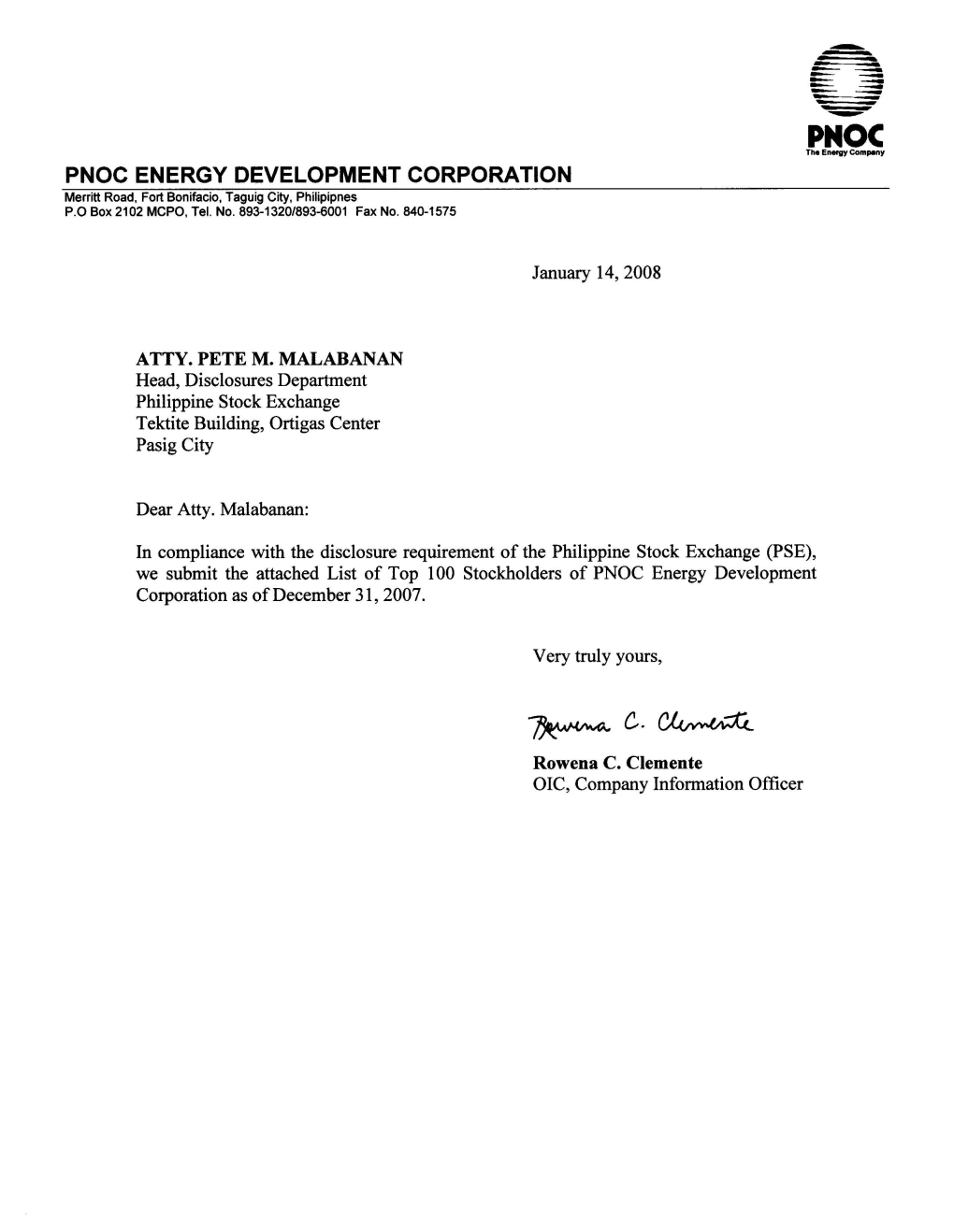 PNOC ENERGY DEVELOPMENT CORP. List of Top 100 Stockholders As of December 31, 2007