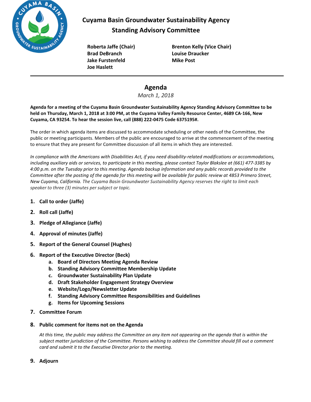 Cuyama Basin Groundwater Sustainability Agency Standing Advisory Committee