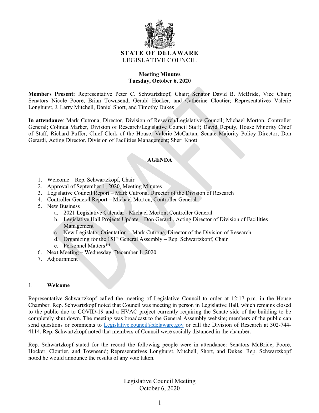 Legislative Council Meeting October 6, 2020 1 STATE of DELAWARE LEGISLATIVE COUNCIL