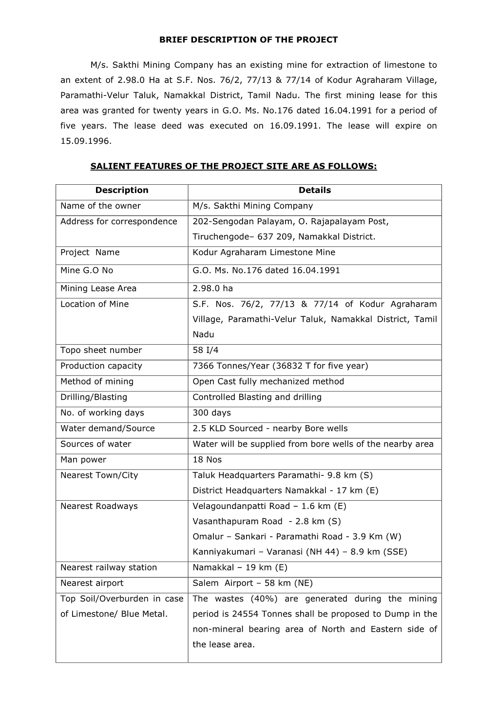 BRIEF DESCRIPTION of the PROJECT M/S. Sakthi Mining