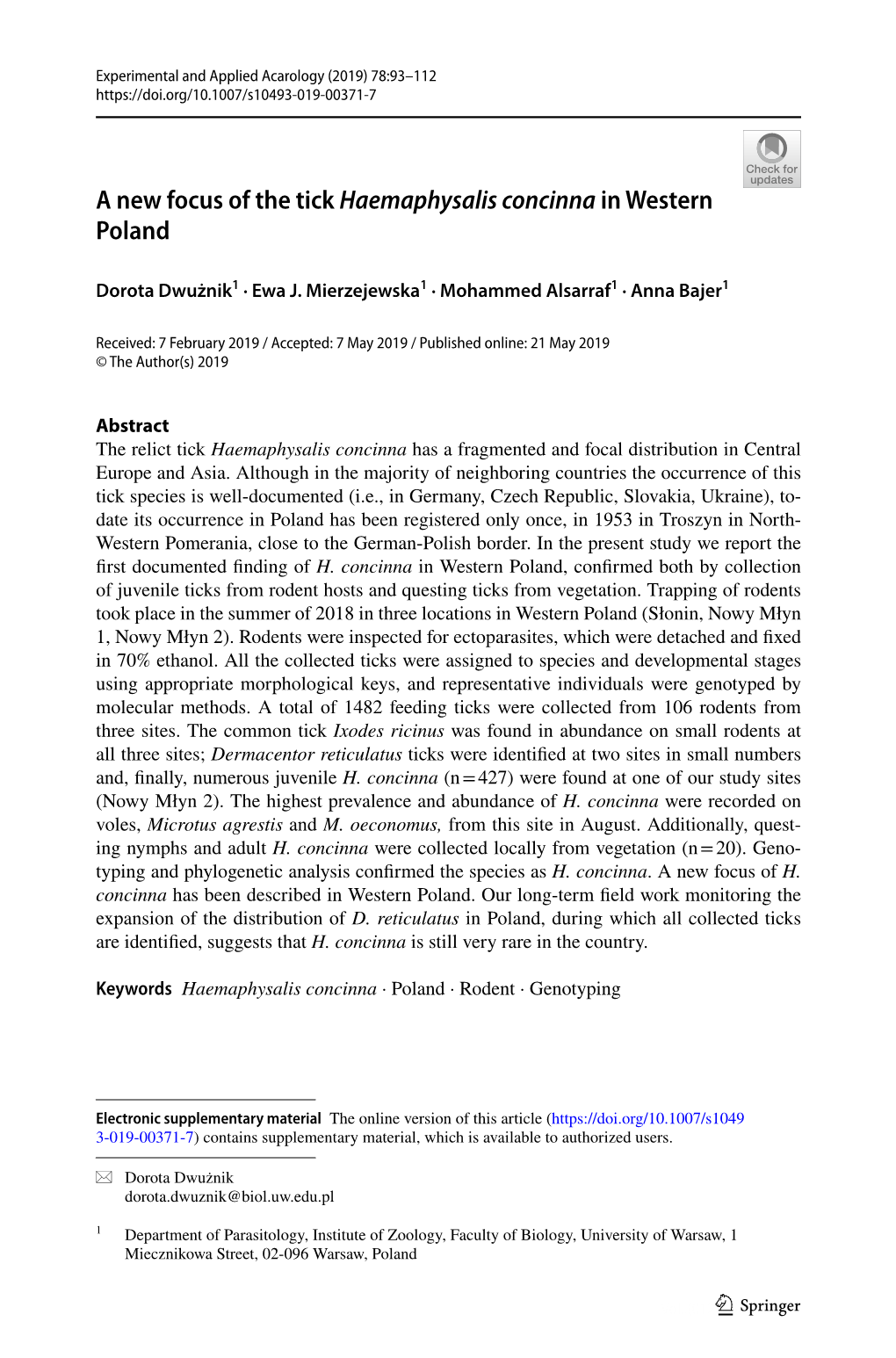 A New Focus of the Tick Haemaphysalis Concinna in Western Poland