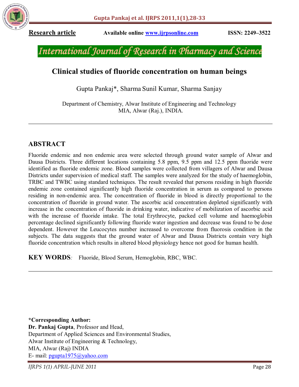 International Journal of Research in Pharmacy and Science Clinical