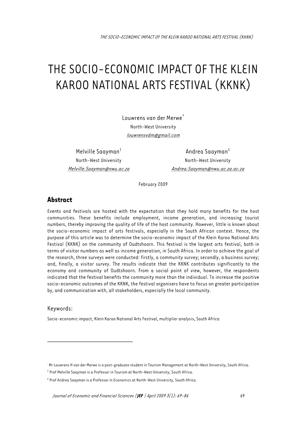The Socio-Economic Impact of the Klein Karoo National Arts Festival (Kknk)