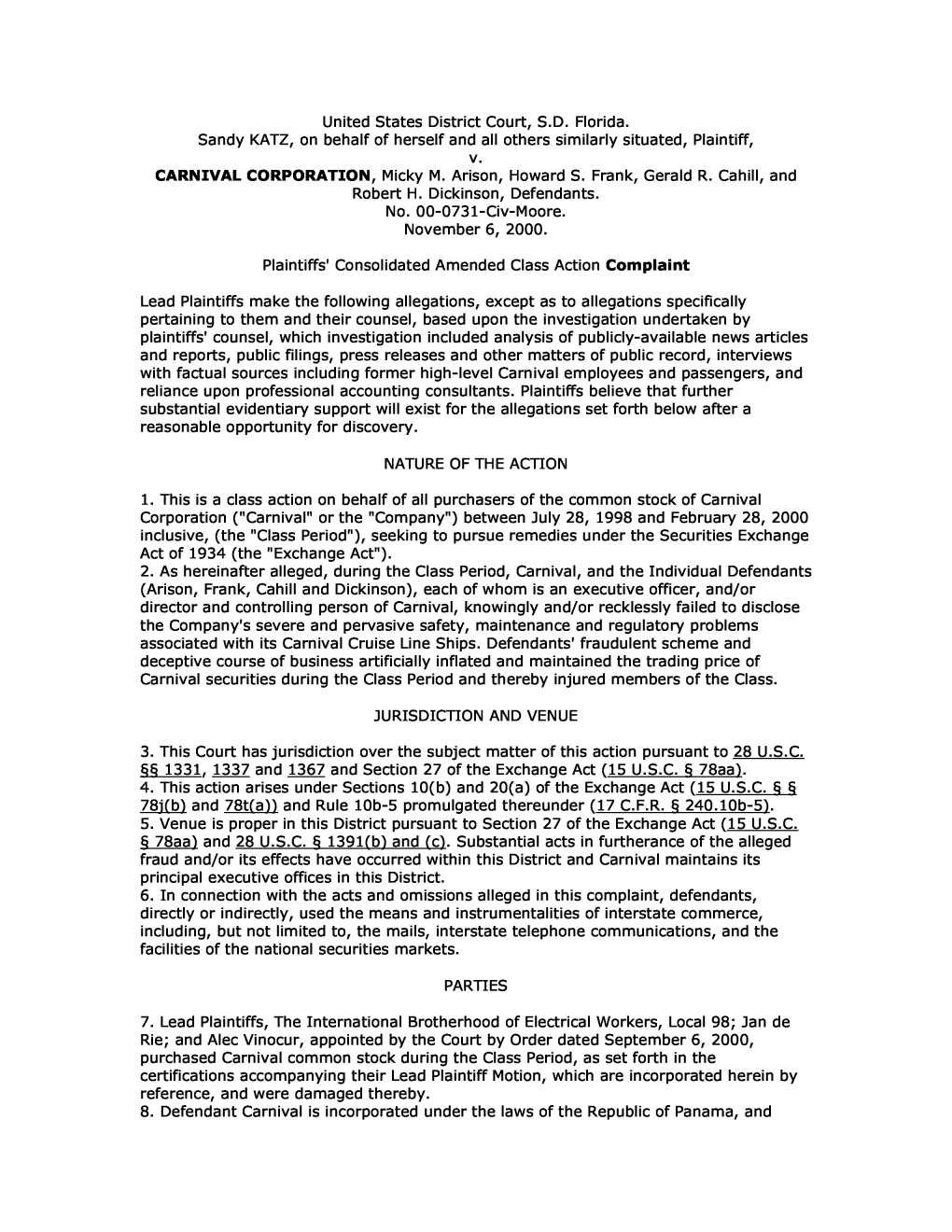 Katz, Et Al. V. Carnival Corporation, Et Al. 00-CV-731-Plaintiffs