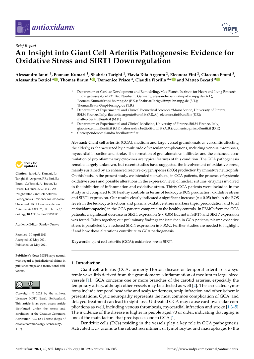 Evidence for Oxidative Stress and SIRT1 Downregulation