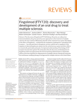 Fingolimod (FTY720): Discovery and Development of an Oral Drug to Treat Multiple Sclerosis