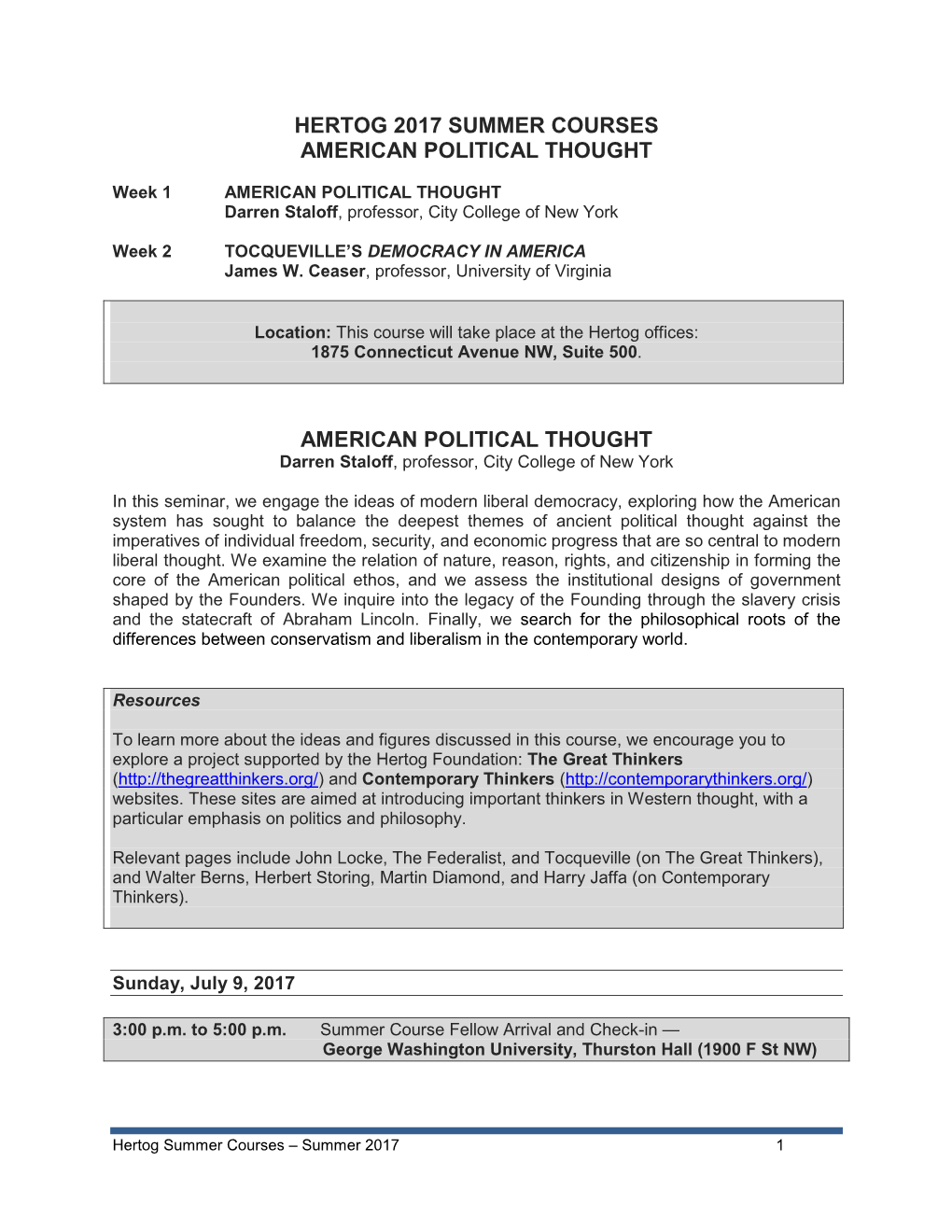 Hertog 2017 Summer Courses American Political Thought