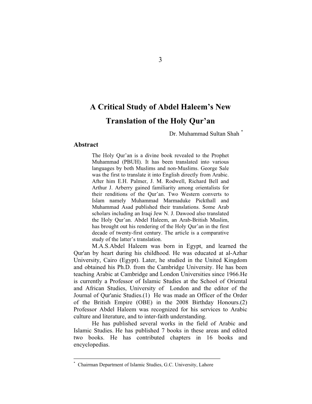 A Critical Study of Abdel Haleem's New Translation of the Holy Qur'an