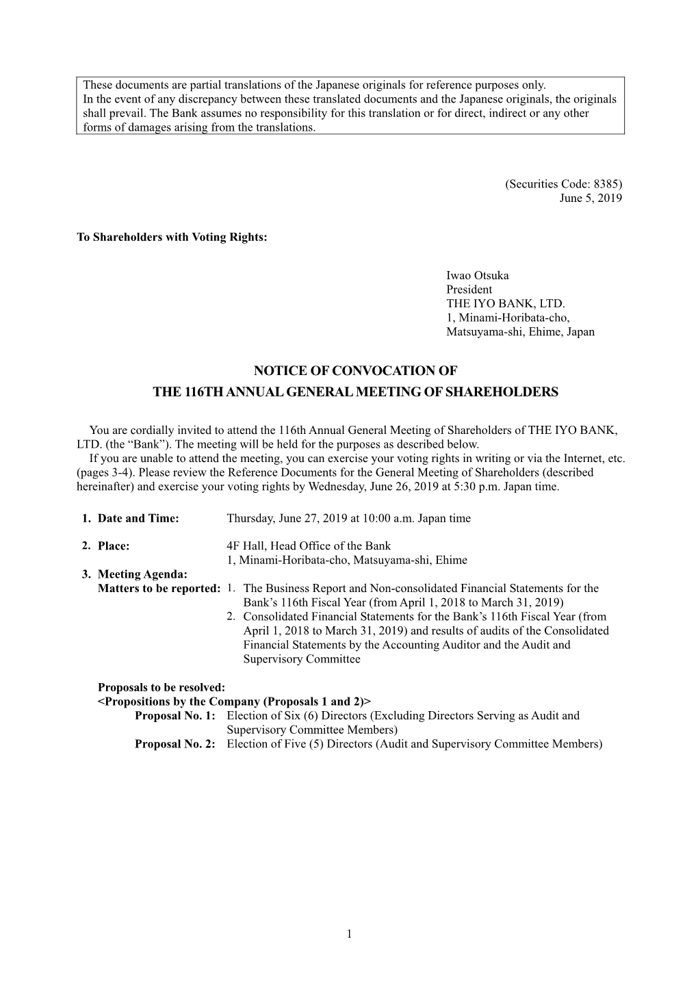 Notice of Convocation of the 116Th Annual General Meeting of Shareholders