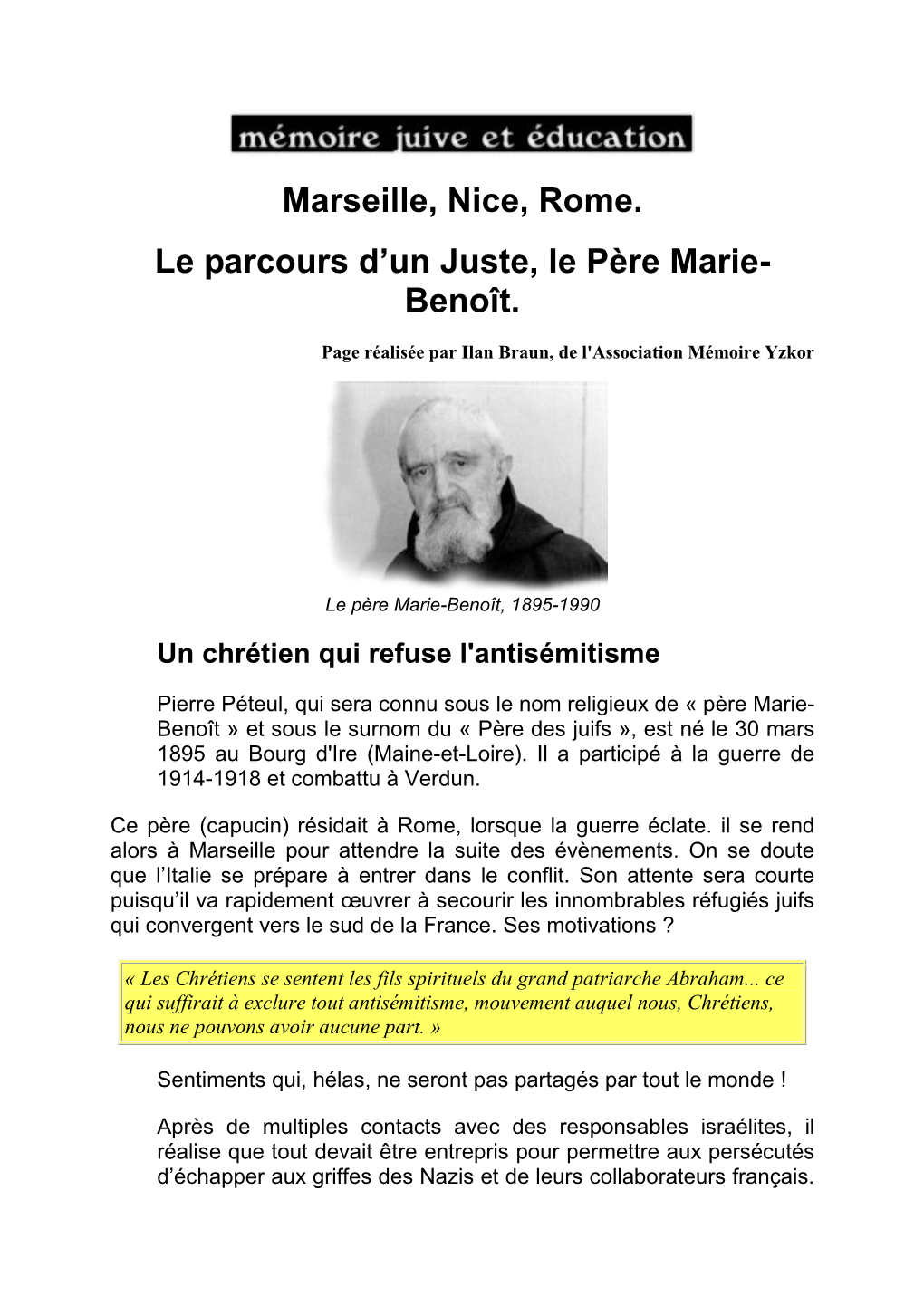 Marseille, Nice, Rome. Le Parcours D'un Juste, Le Père Marie- Benoît