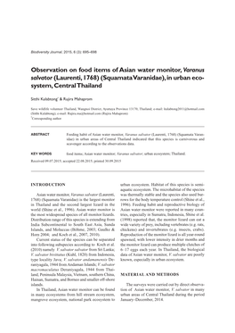 Observation on Food Items of Asian Water Monitor, Varanus Salvator (Laurenti, 1768) (Squamata Varanidae), in Urban Eco - System, Central Thailand