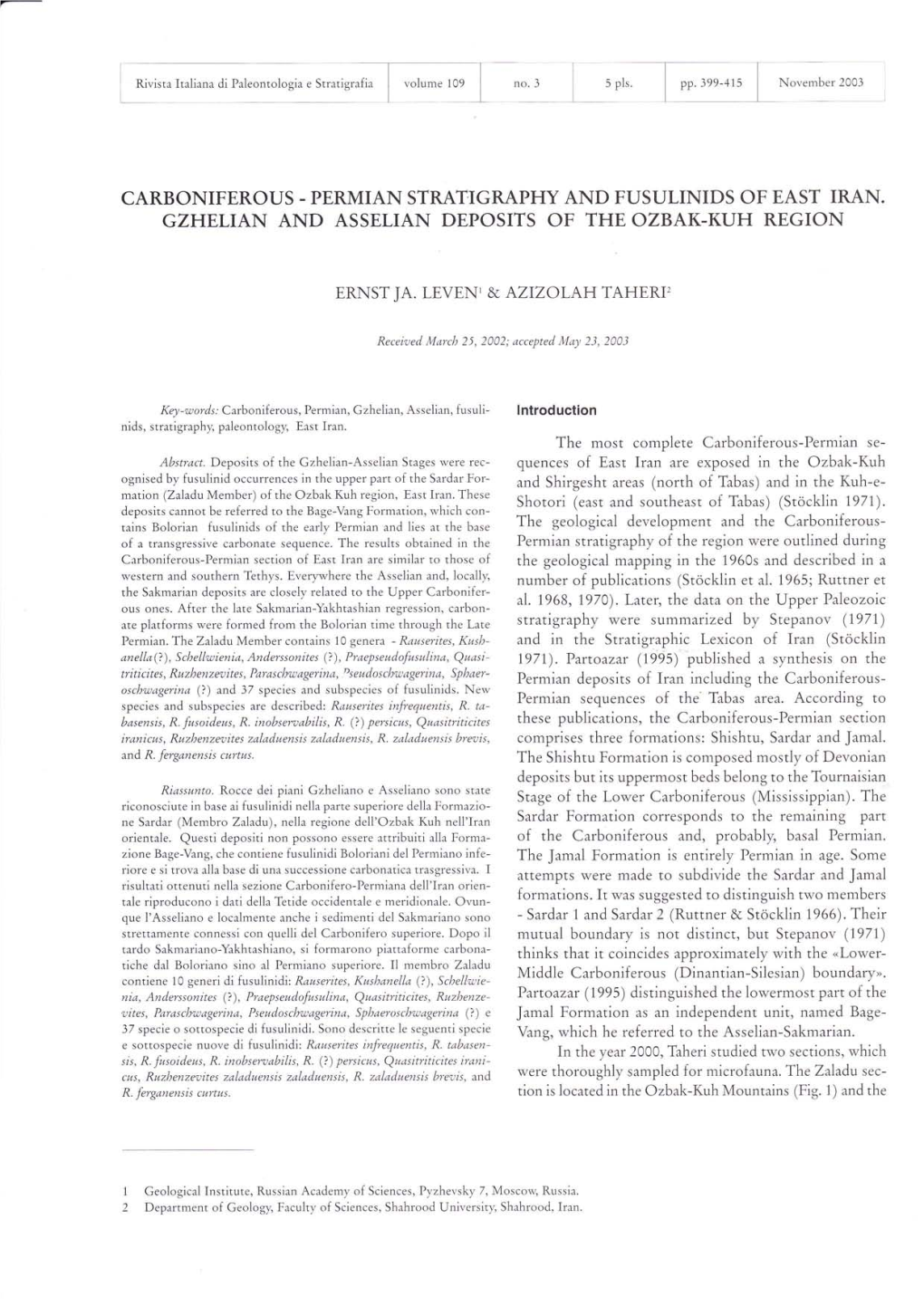 Gzheltan and Asselian Deposits of the Ozbak-Kuh Region