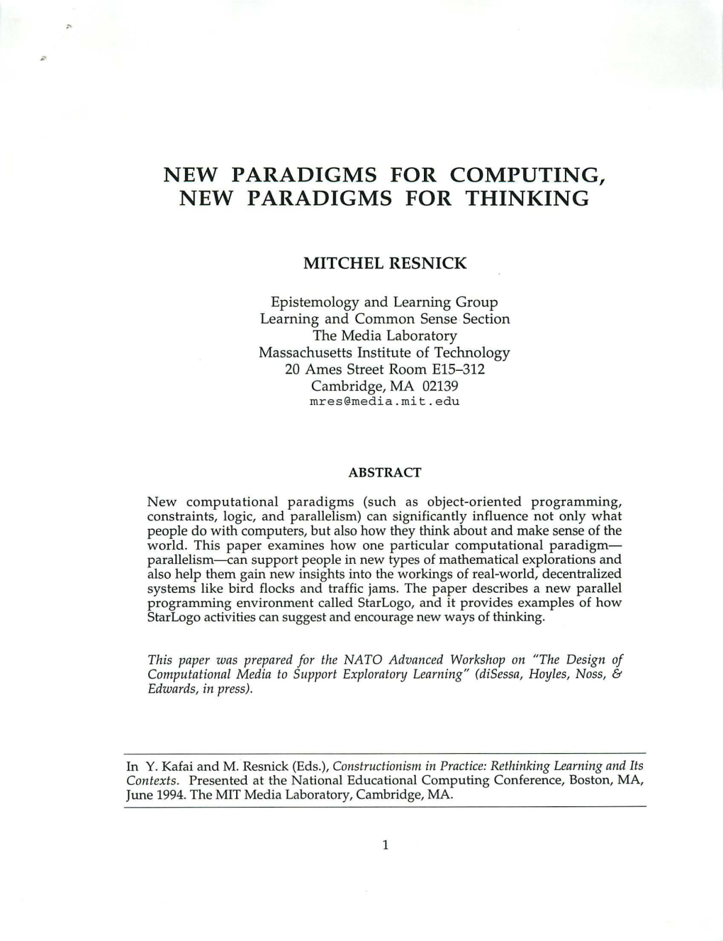 New Paradigms for Computing, New Paradigms for Thinking