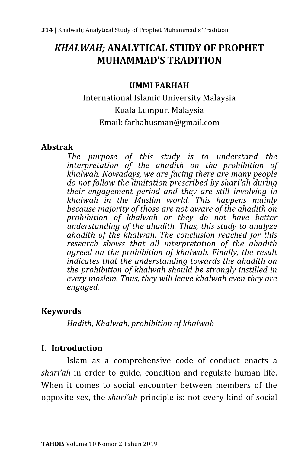 Khalwah; Analytical Study of Prophet Muhammad's Tradition KHALWAH; ANALYTICAL STUDY of PROPHET MUHAMMAD's TRADITION