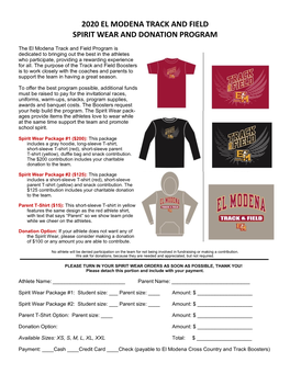 2020 El Modena Track and Field Spirit Wear and Donation Program
