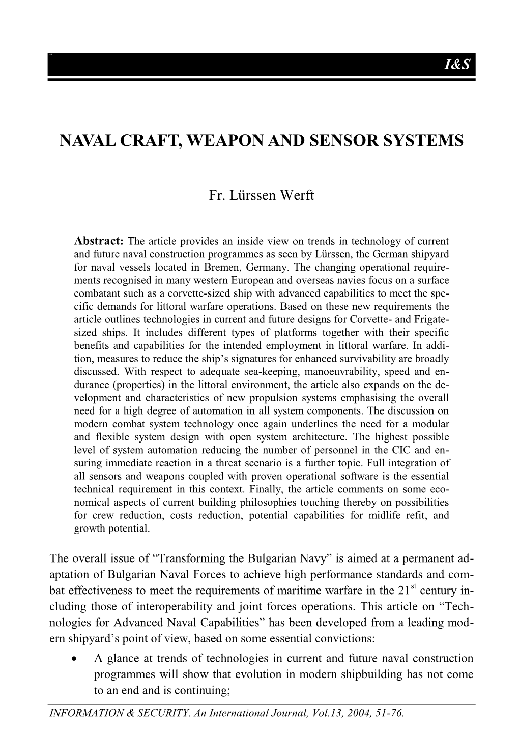 Naval Craft, Weapon and Sensor Systems