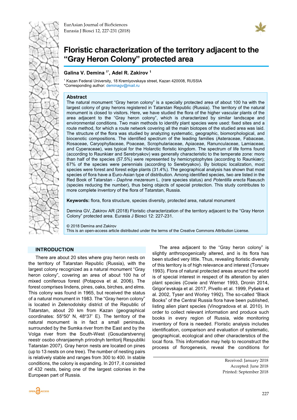 Floristic Characterization of the Territory Adjacent to the “Gray Heron Colony” Protected Area