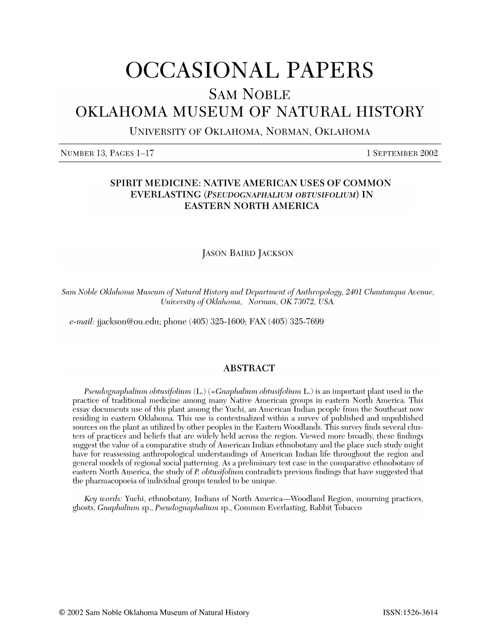 Occasional Papers Sam Noble Oklahoma Museum of Natural History University of Oklahoma, Norman, Oklahoma