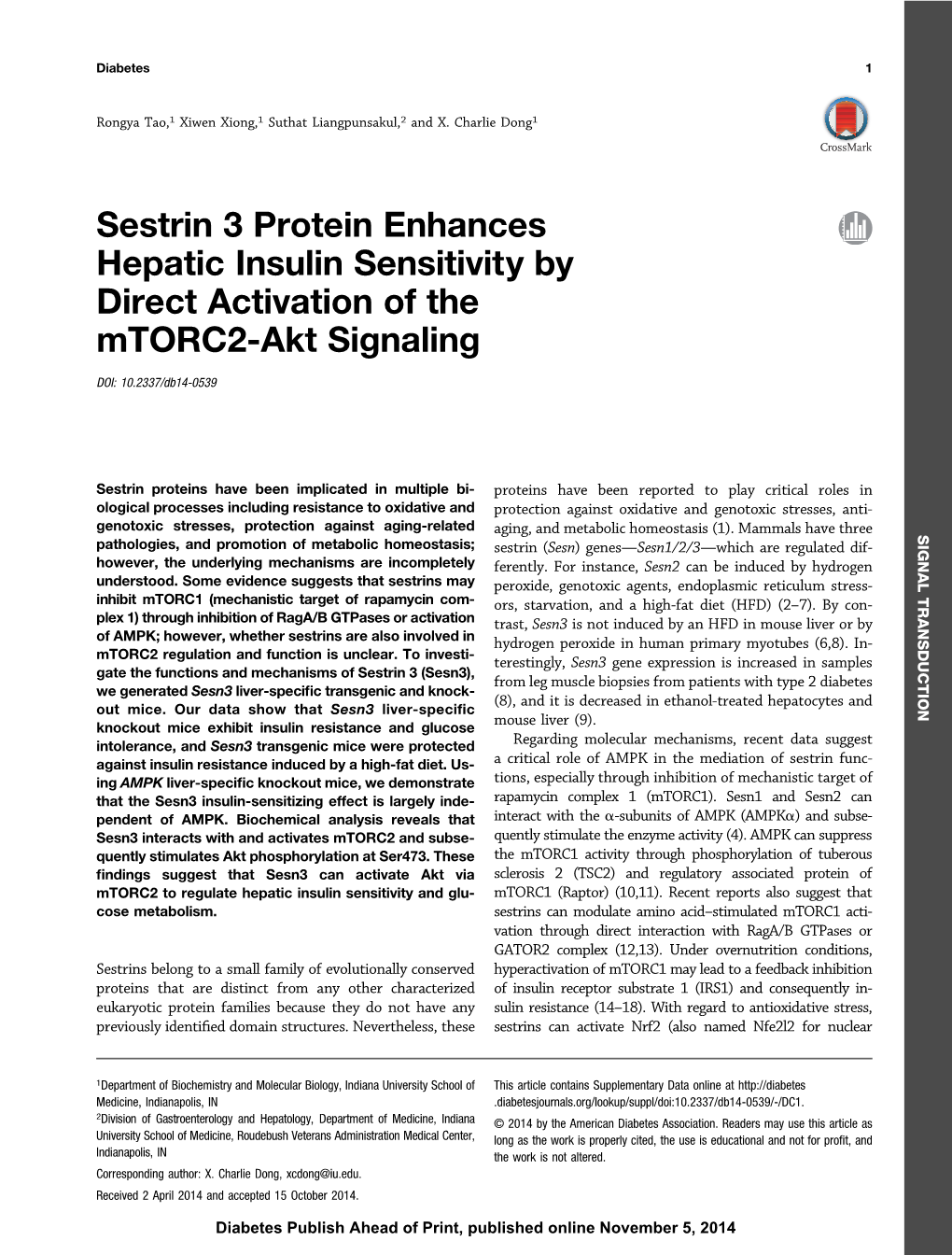 Sestrin 3 Protein Enhances Hepatic Insulin Sensitivity by Direct Activation of the Mtorc2-Akt Signaling