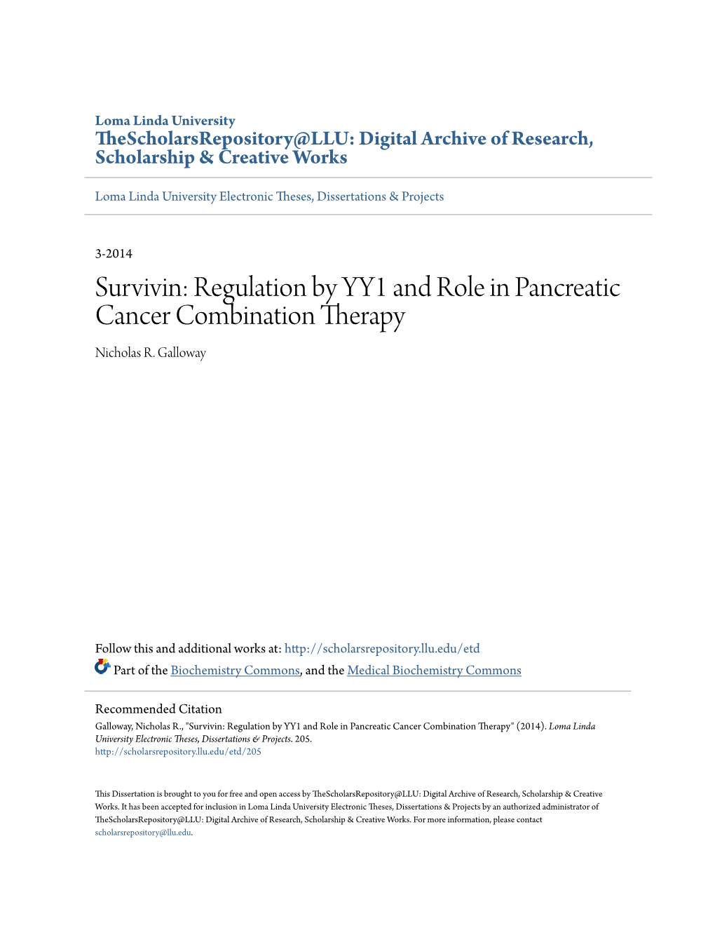 Survivin: Regulation by YY1 and Role in Pancreatic Cancer Combination Therapy Nicholas R